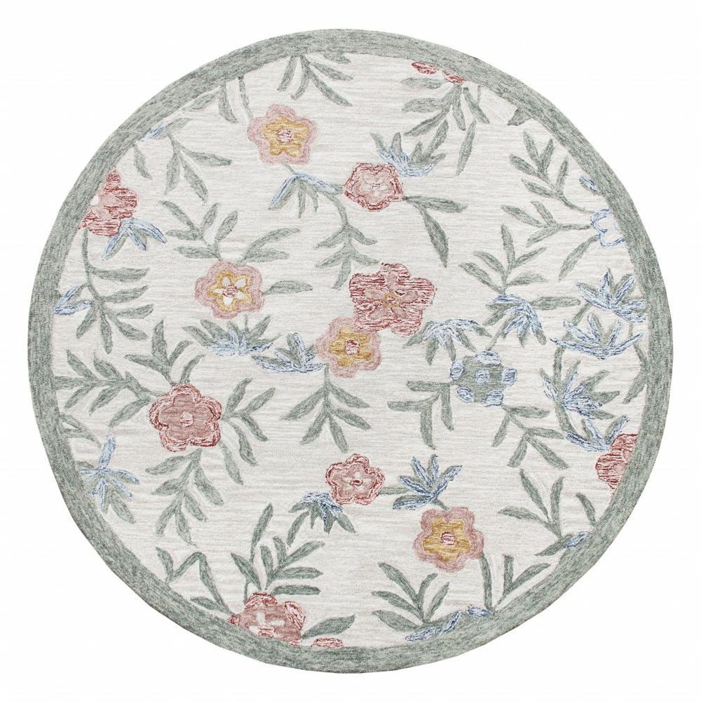 4’ Round Gray Floral Traditional Area Rug Cream/Multi. Picture 1