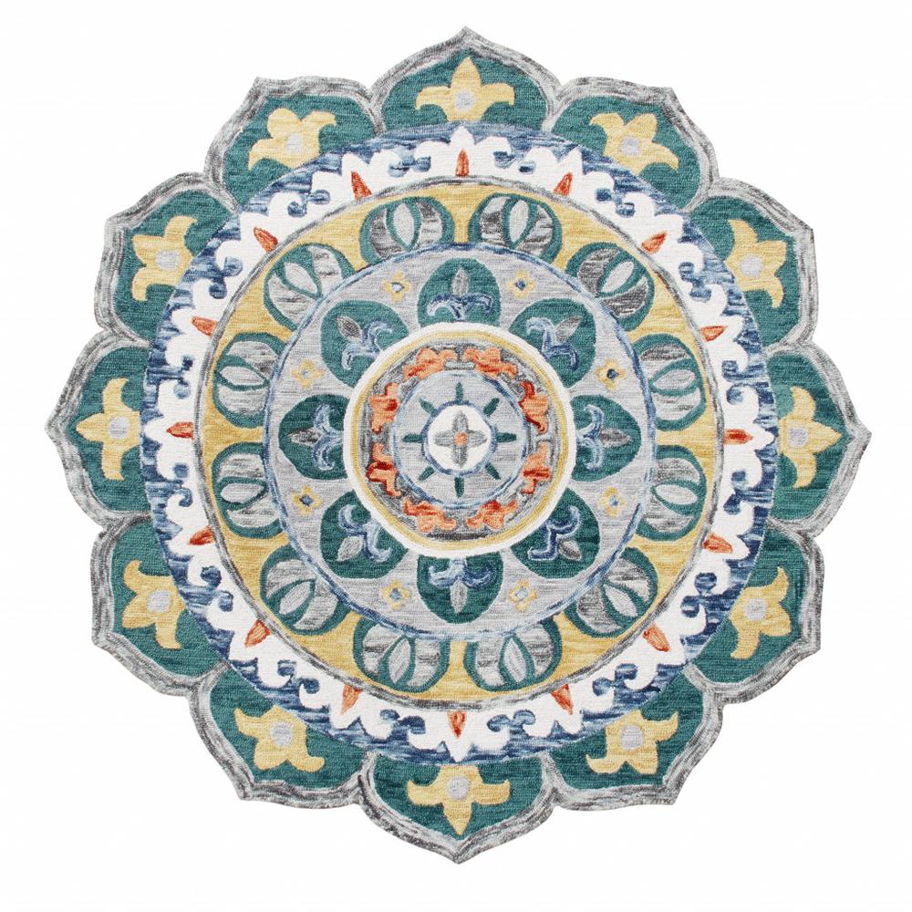 4’ Round Teal Floral Mandala Area Rug Multi. Picture 1