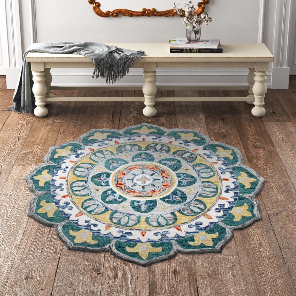 4’ Round Teal Floral Mandala Area Rug Multi. Picture 7