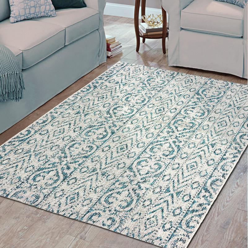 5’ x 8’ Blue Geometric Indoor Outdoor Area Rug Blue / Green. Picture 8