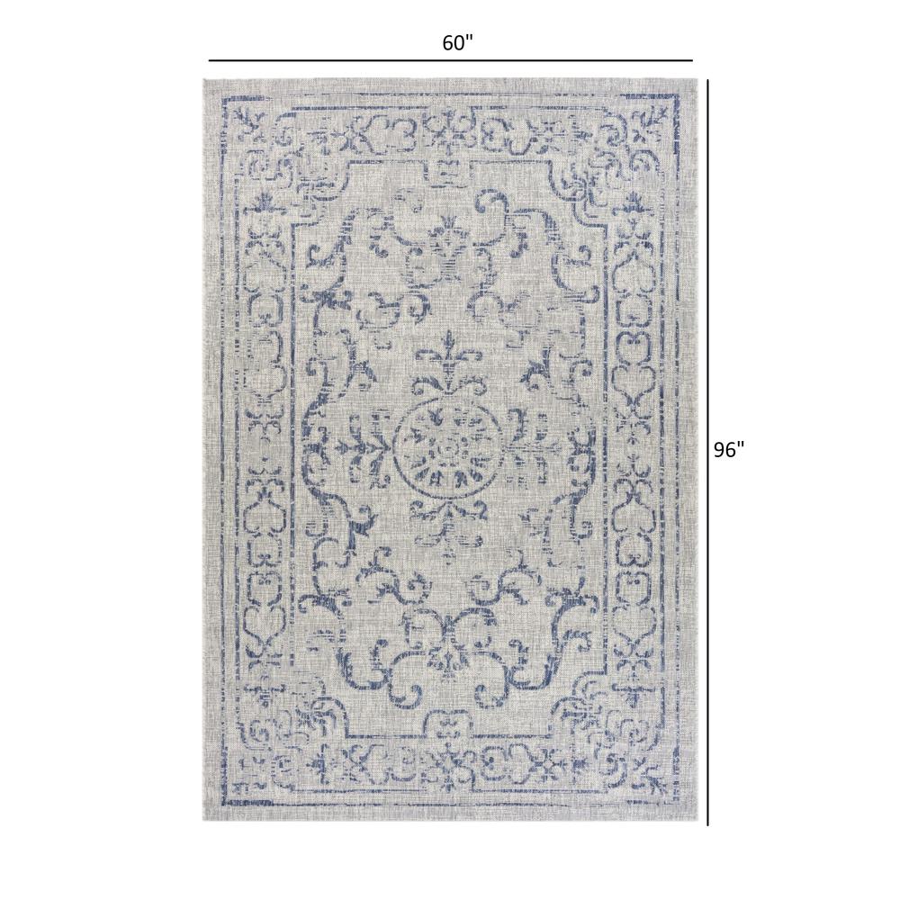 5’ x 8’ Blue Ornate Indoor Outdoor Area Rug Blue / Gray. Picture 9