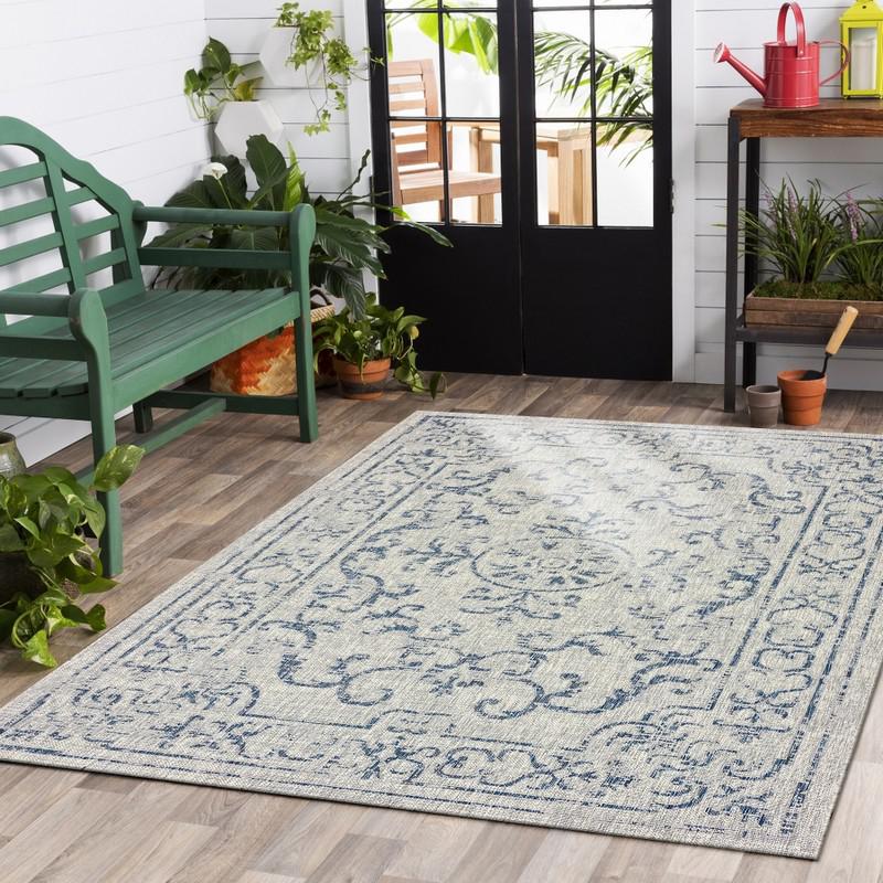 8’ x 10’ Blue Ornate Indoor Outdoor Area Rug Blue / Gray. Picture 7