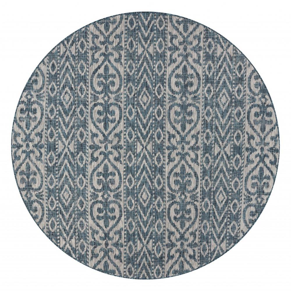 8’ Round Blue Geometric Indoor Outdoor Area Rug Blue / Green. Picture 1