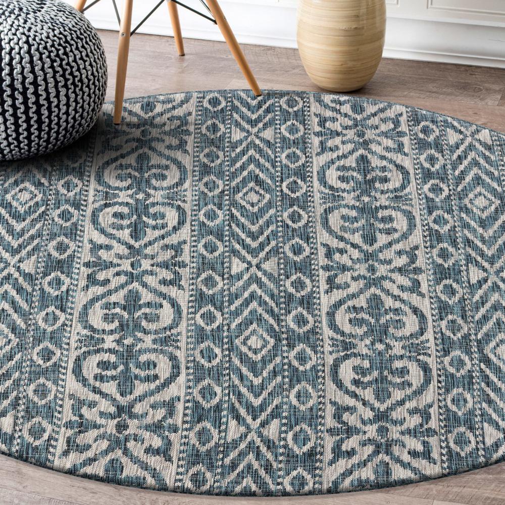 8’ Round Blue Geometric Indoor Outdoor Area Rug Blue / Green. Picture 6
