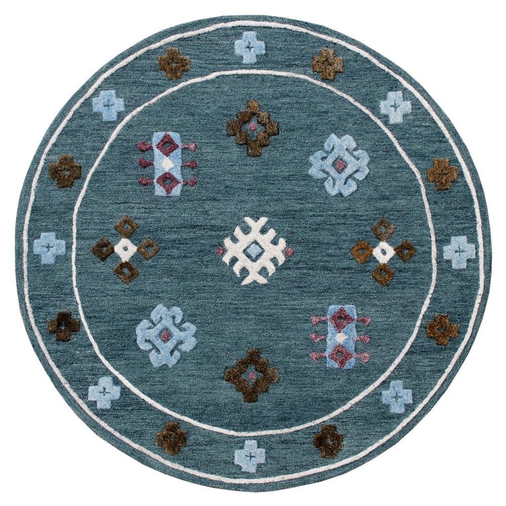 5’ Round Blue Bordered Motif Area Rug Blue. Picture 1