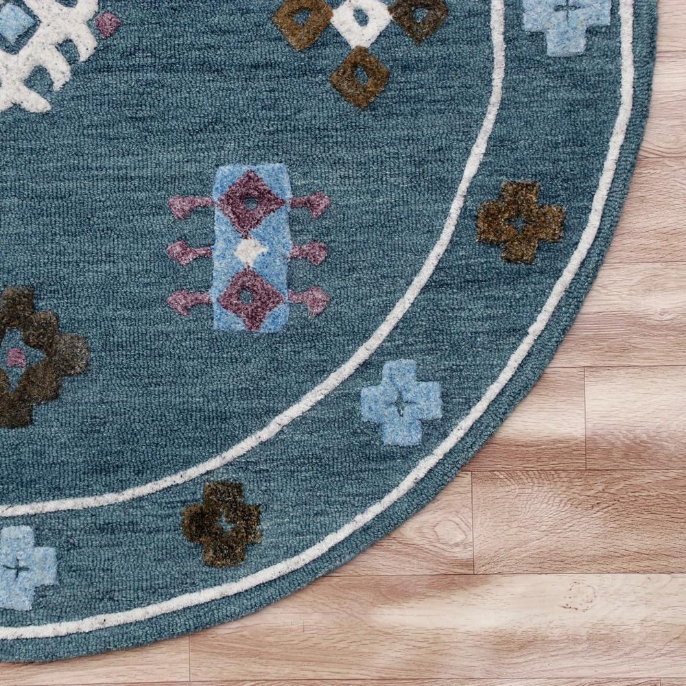 5’ Round Blue Bordered Motif Area Rug Blue. Picture 4
