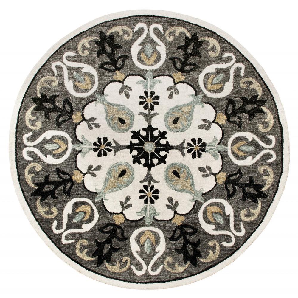 5’ Round Gray and White Floral Medallion Area Rug Gray. Picture 1