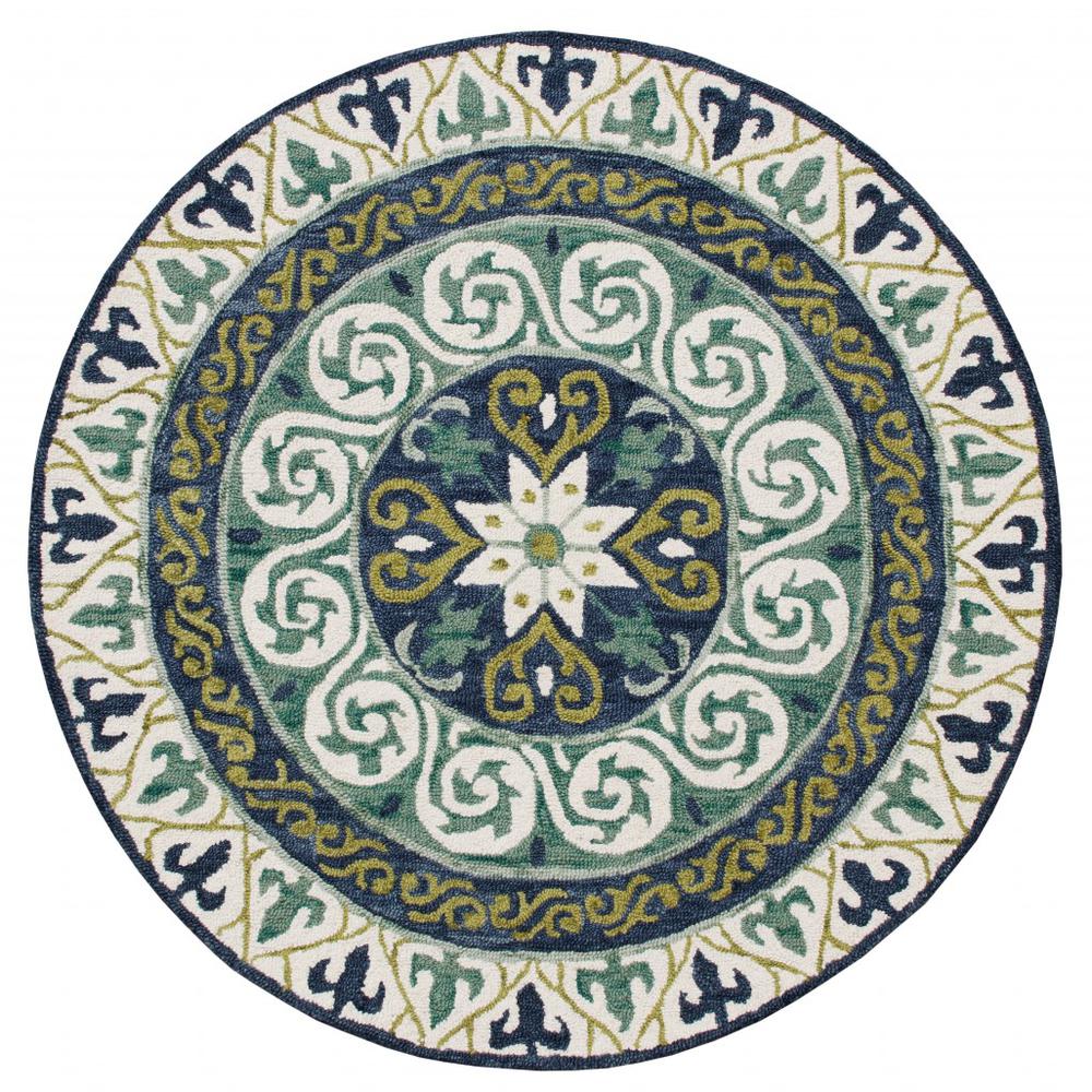 5’ Round Blue and Green Ornate Medallion Area Rug Multi. Picture 1
