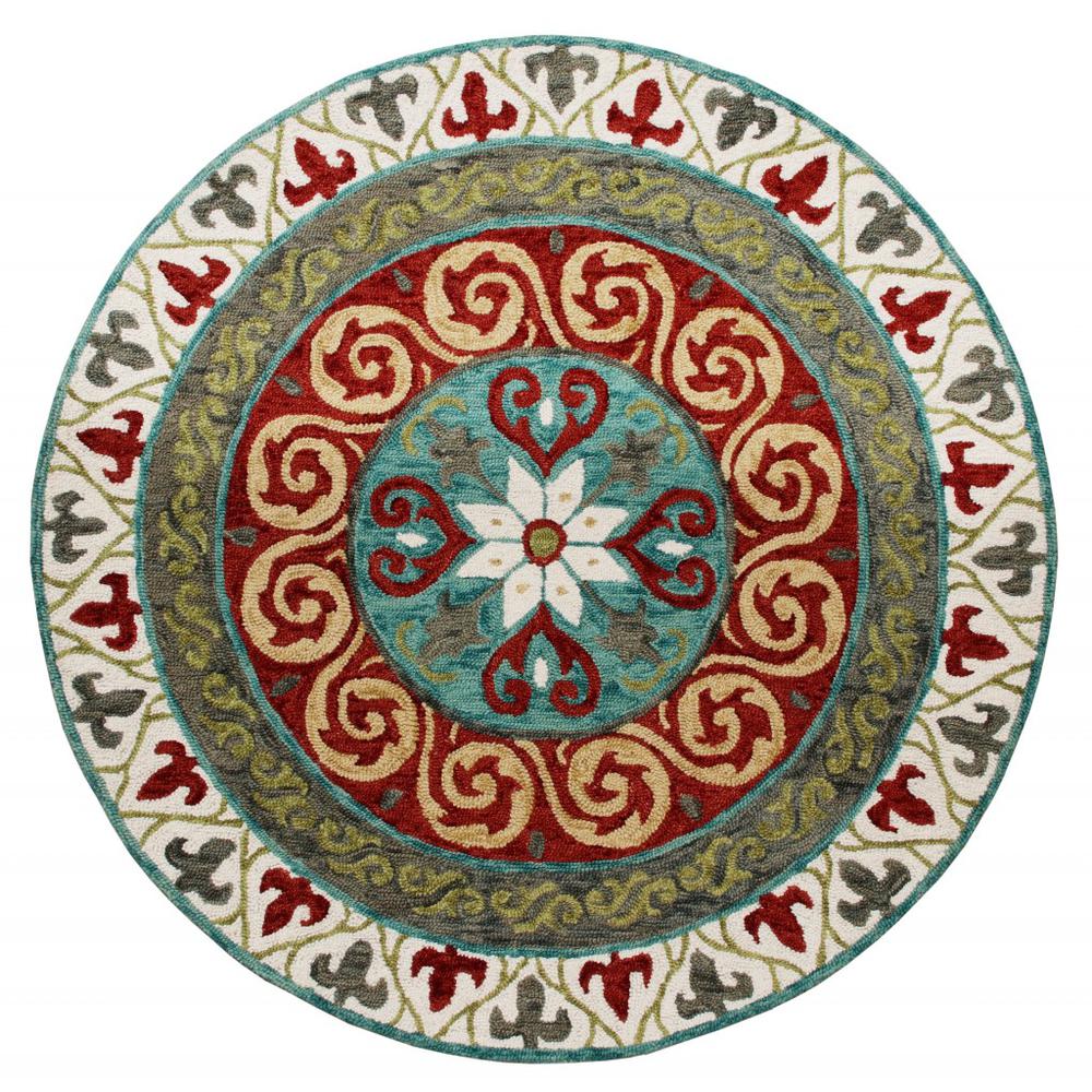 5’ Round Red and Sage Medallion Area Rug Multi. Picture 1