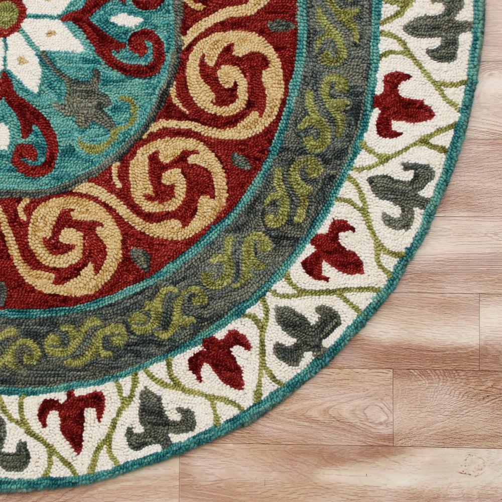5’ Round Red and Sage Medallion Area Rug Multi. Picture 4
