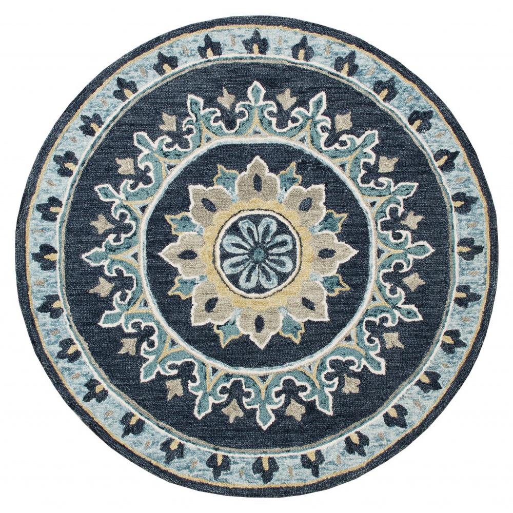 5’ Round Blue Floral Medallion Area Rug Blue. Picture 1