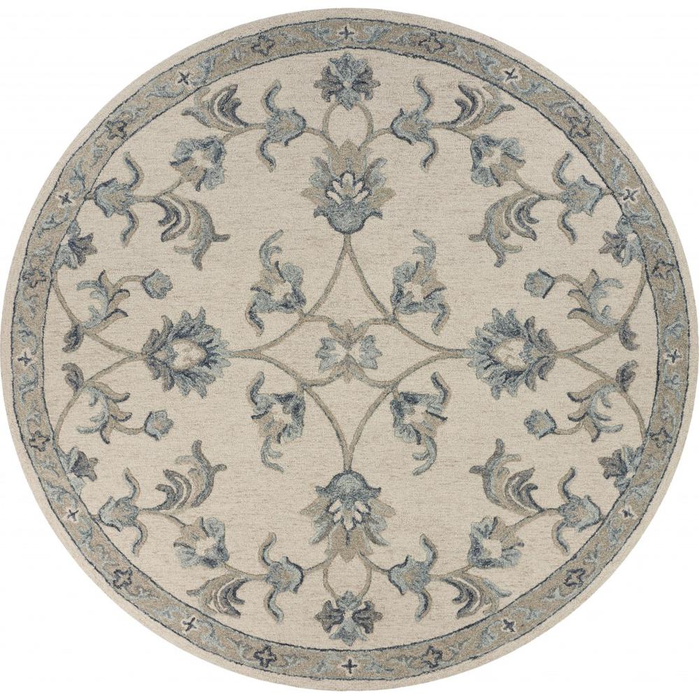 5’ Round Beige and Blue Filigree Area Rug Ivory/Light Blue. Picture 1