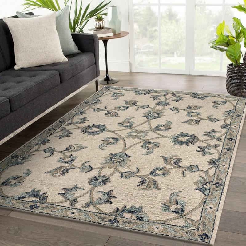 7’ x 9' Beige and Blue Filigree Area Rug Ivory/Light Blue. Picture 7