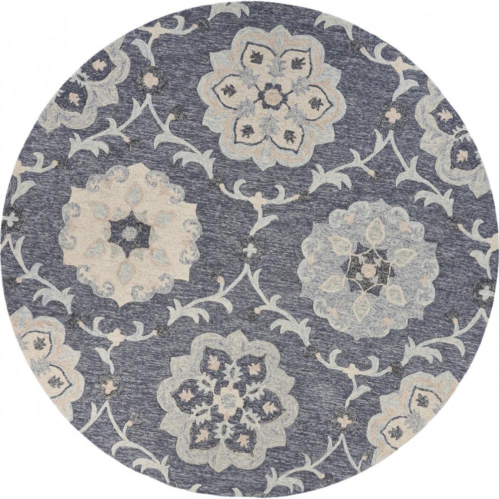 7’ Round Gray Floral Trellis Area Rug Dark Gray/Blue. Picture 1