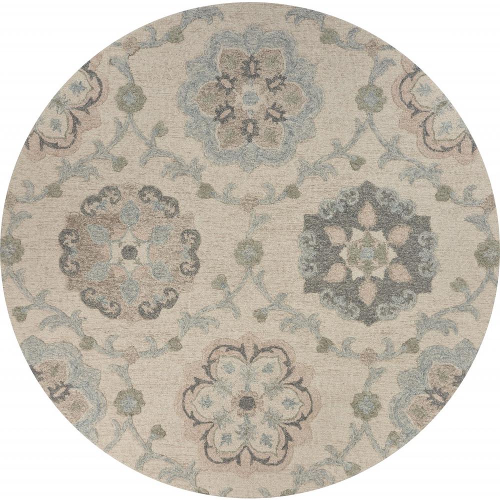 5’ Round Ivory Intricate Floral Area Rug Ivory/Light Blue. Picture 1