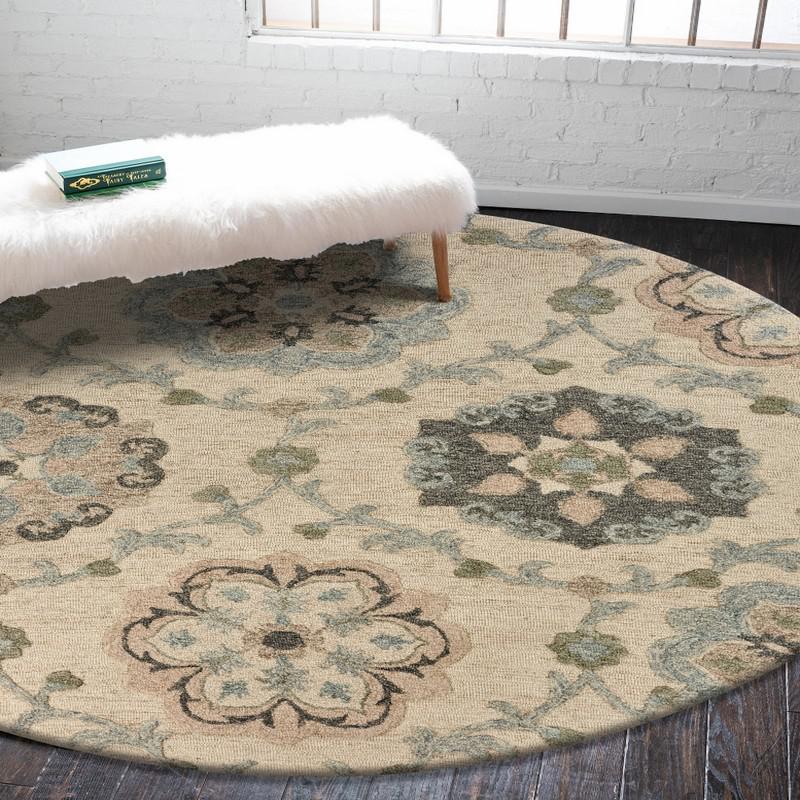 7’ Round Ivory Intricate Floral Area Rug Ivory/Light Blue. Picture 7