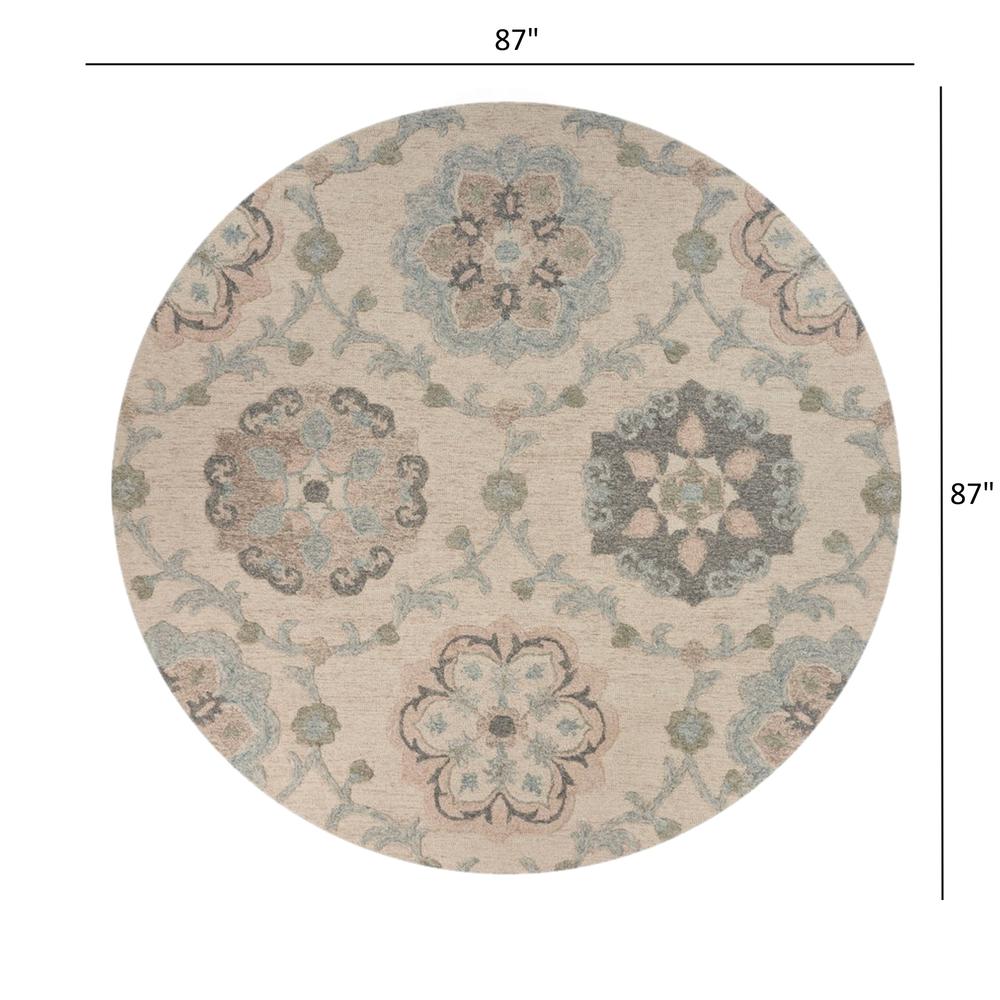 7’ Round Ivory Intricate Floral Area Rug Ivory/Light Blue. Picture 8