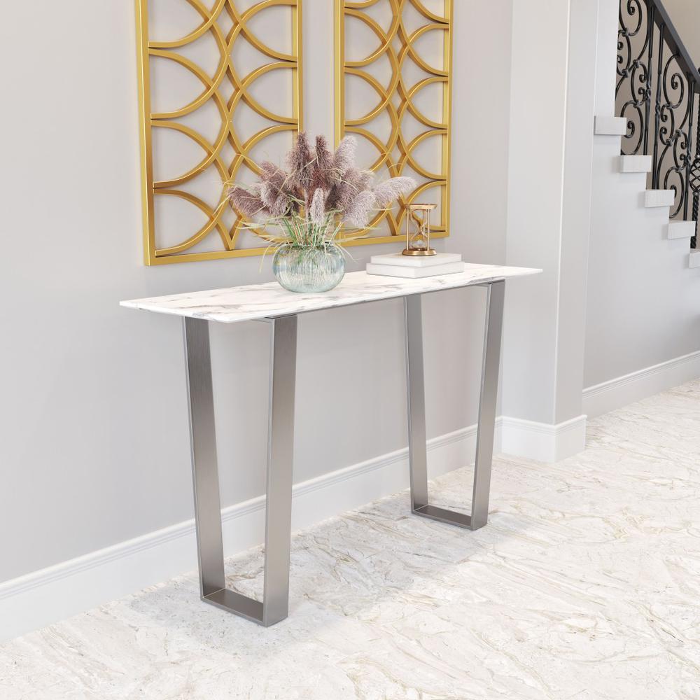 Designer's Choice White Faux Marble and Steel Console Table. Picture 4