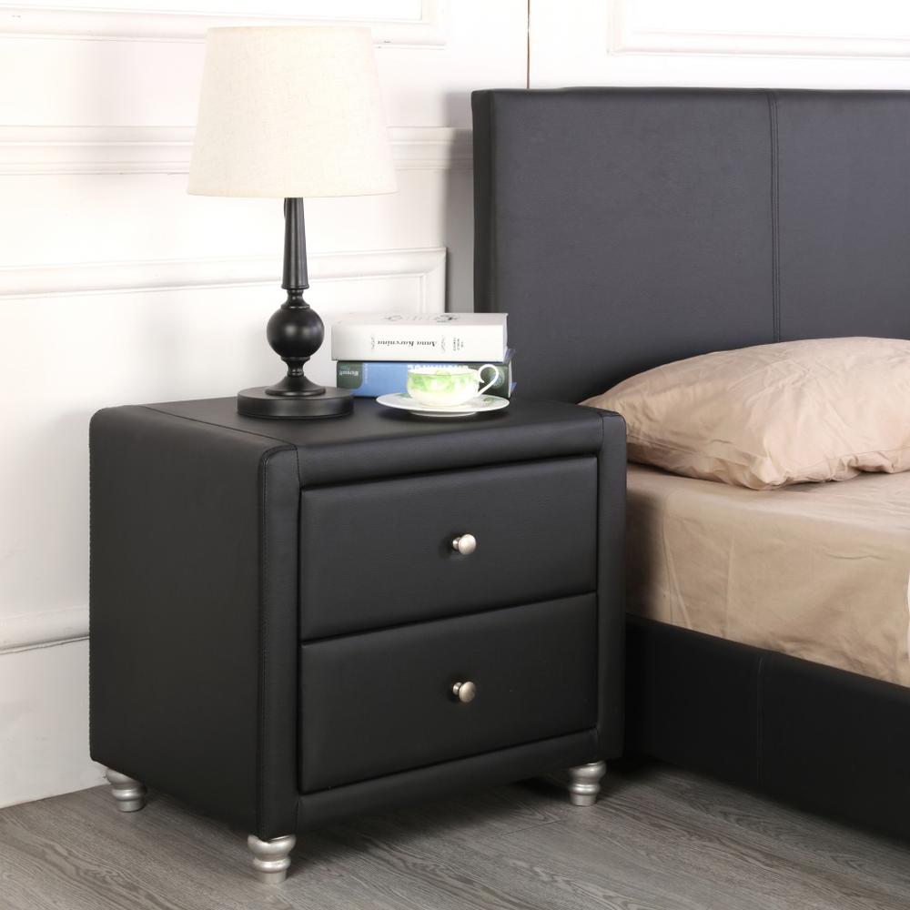 Black Upholstered 2 Drawer Nightstand. Picture 4