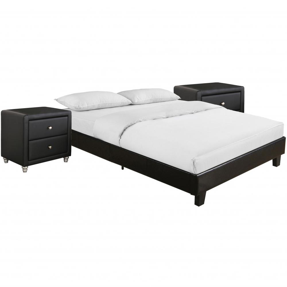 Black Platform Queen Bed with Two Nightstands. Picture 1