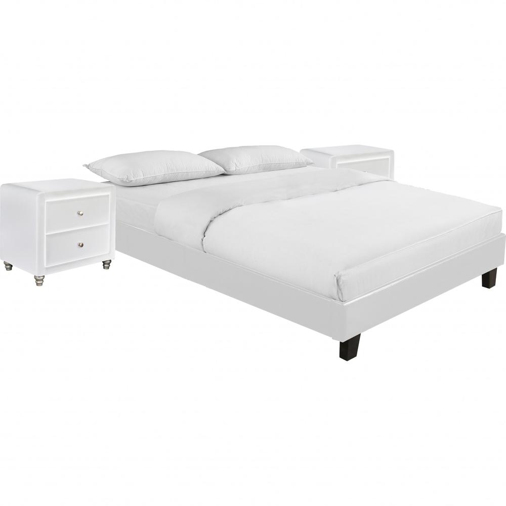 White Platform Queen Bed with Two Nightstands. Picture 1