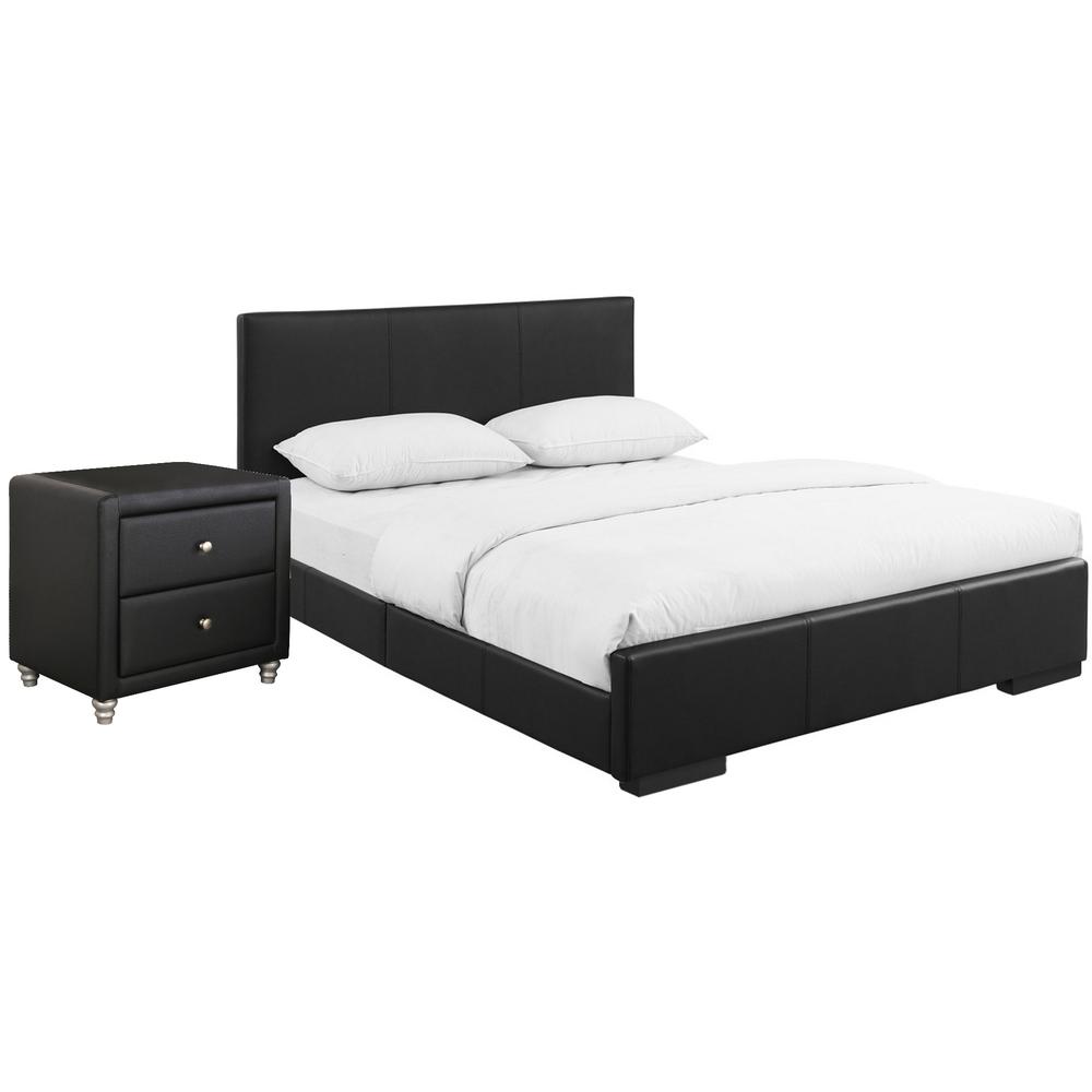 Black Upholstered Queen Platform Bed with Nightstand. Picture 1