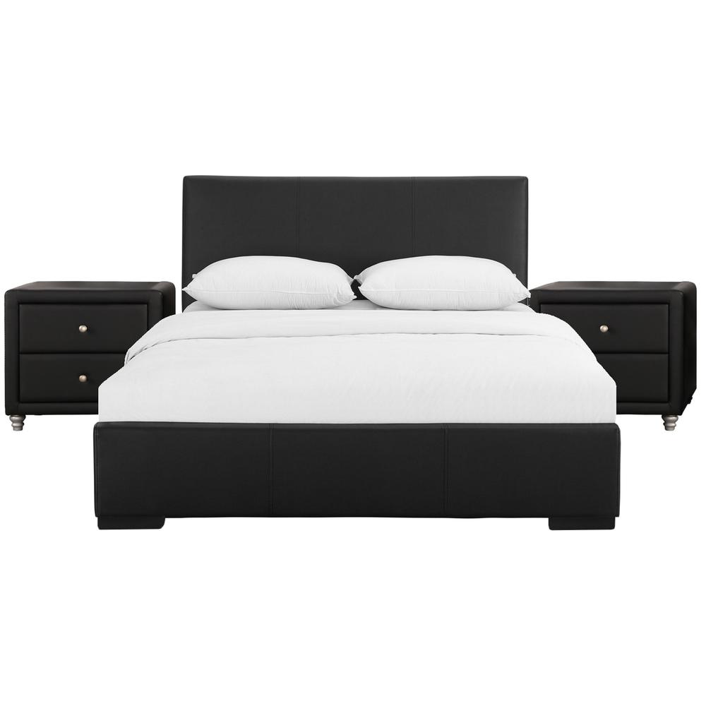 Black Upholstered Platform King Bed with Two Nightstands. Picture 1