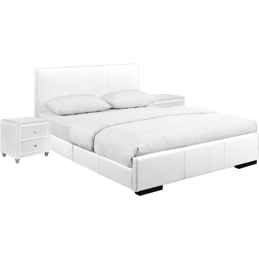 White Upholstered Platform King Bed with Two Nightstands. Picture 3