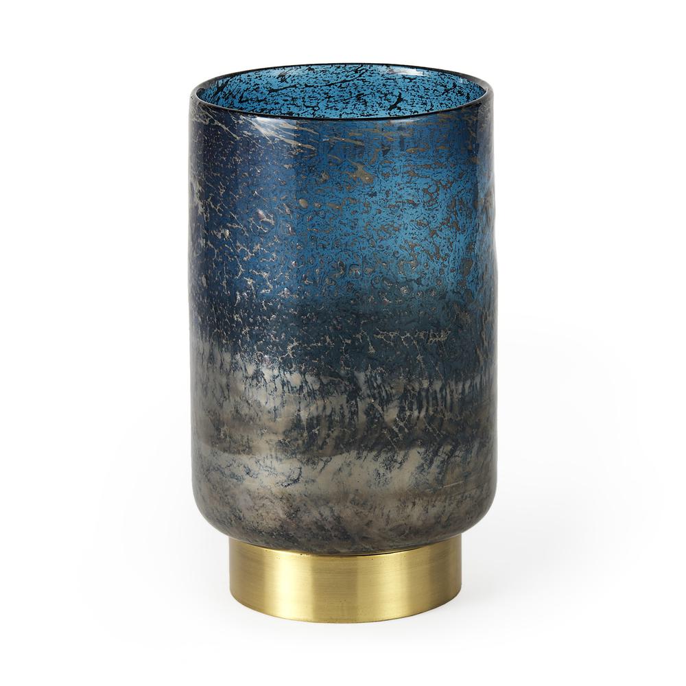 10" Artisan Blue and Gold Metallic Flat Bottom Vase Blue. Picture 1