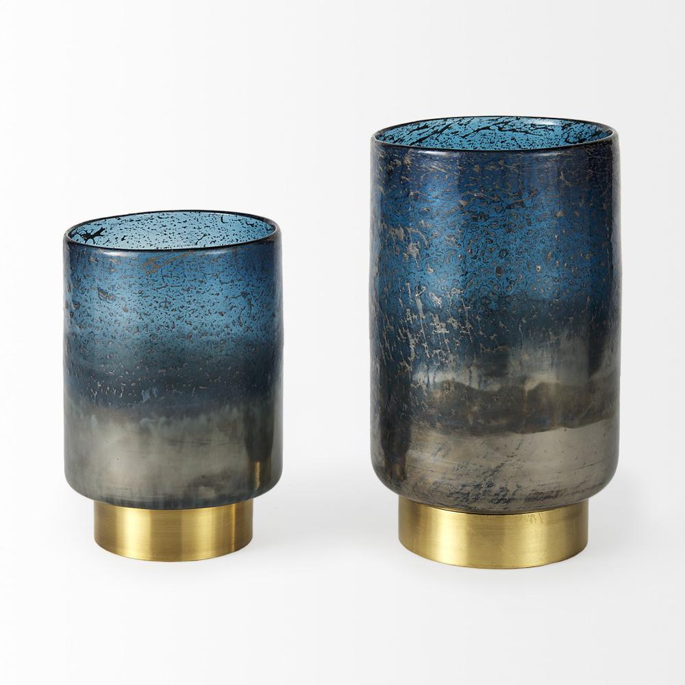 10" Artisan Blue and Gold Metallic Flat Bottom Vase Blue. Picture 2