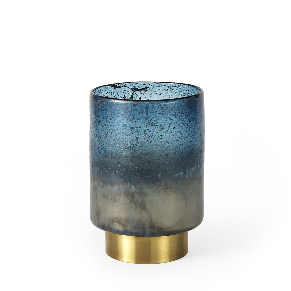 8" Artisan Blue and Gold Metallic Flat Bottom Vase Blue. Picture 1
