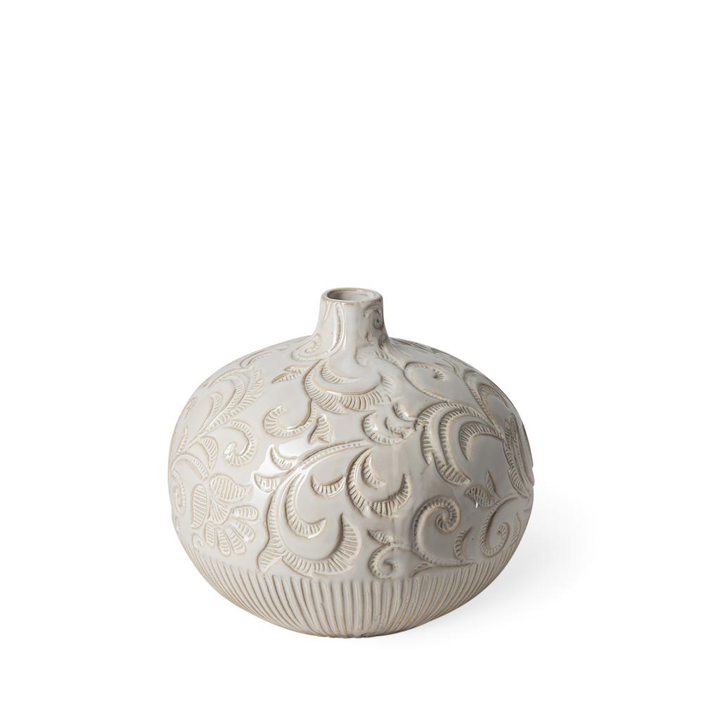 8" Carved White Ceramic Vase White. Picture 1