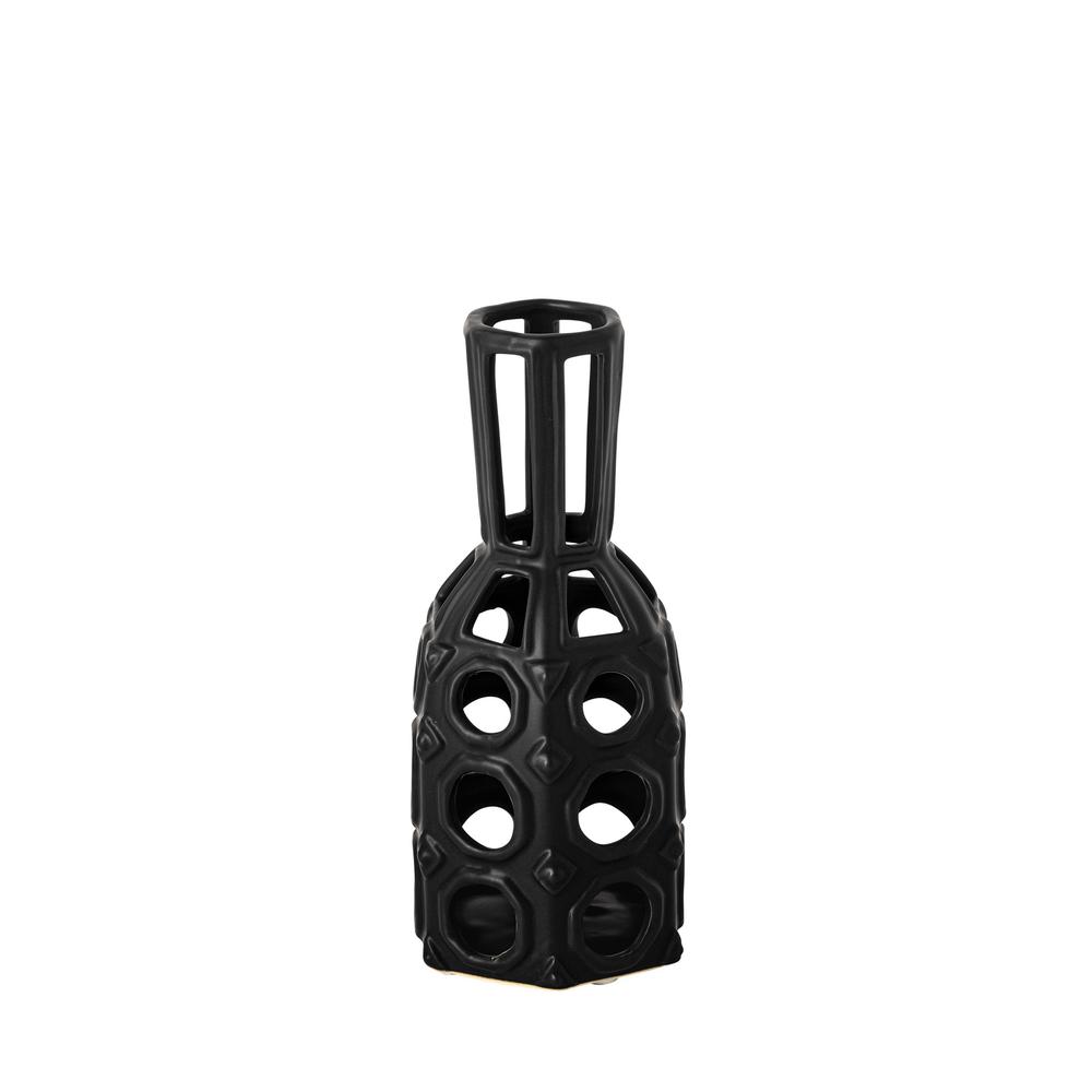 9" Black Pierced Pattern Ceramic Vase Black. Picture 1