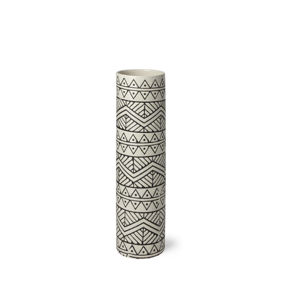 14" Black and Cream Tribal Geo Ceramic Vase Cream. Picture 1