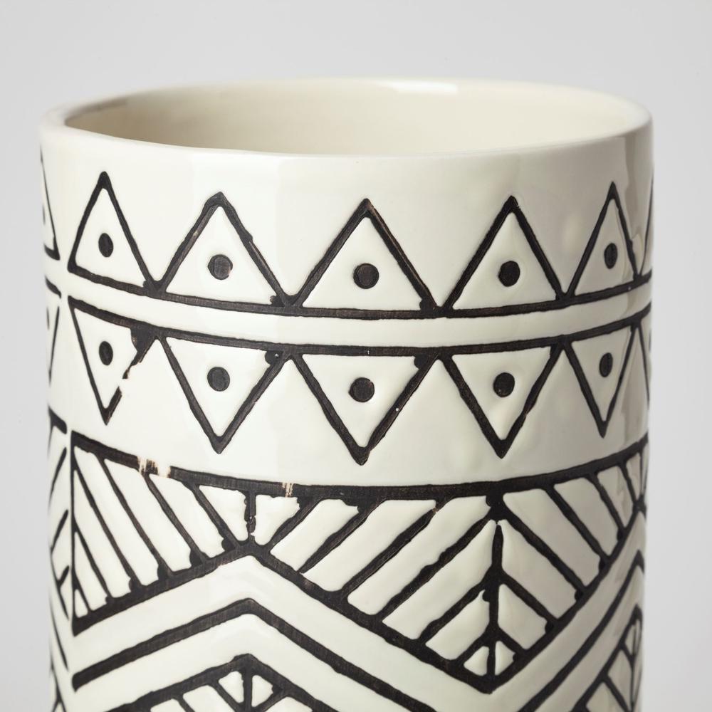 14" Black and Cream Tribal Geo Ceramic Vase Cream. Picture 3