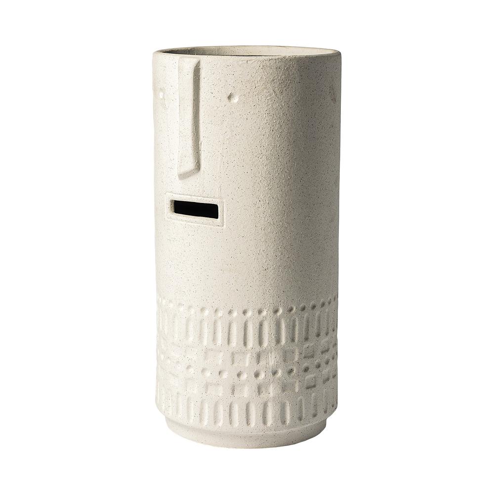 14" Bohemian Beige Happy Face Tribal Vase White. Picture 1