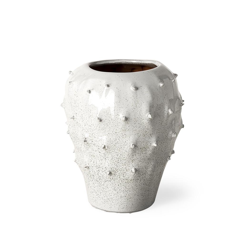 11' White Spiked Organic Glaze Large Mouth Ceramic Vase White. Picture 1