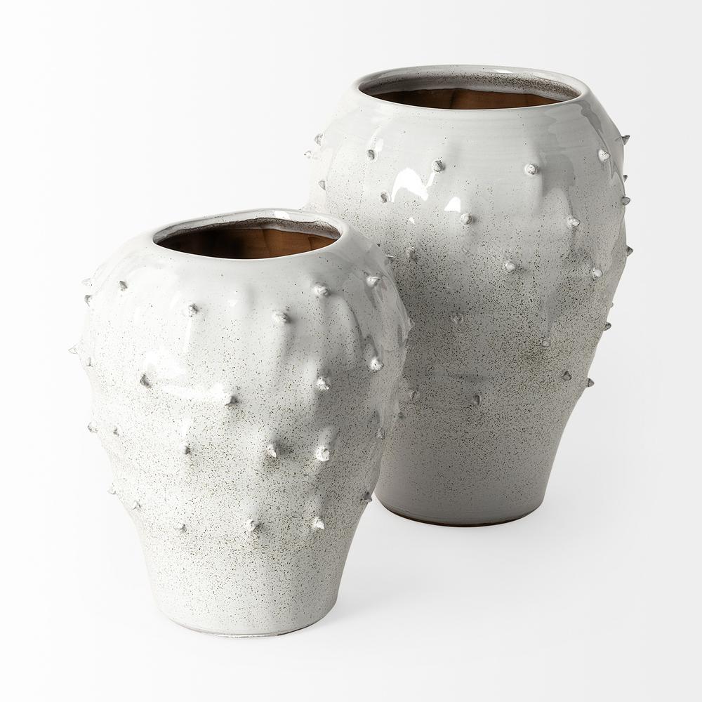 11' White Spiked Organic Glaze Large Mouth Ceramic Vase White. Picture 3