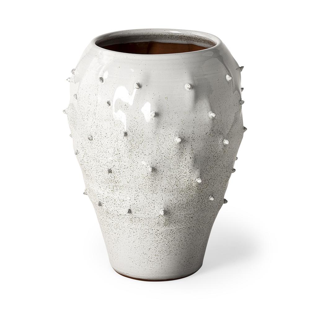 14' White Spiked Organic Glaze Large Mouth Ceramic Vase White. Picture 1