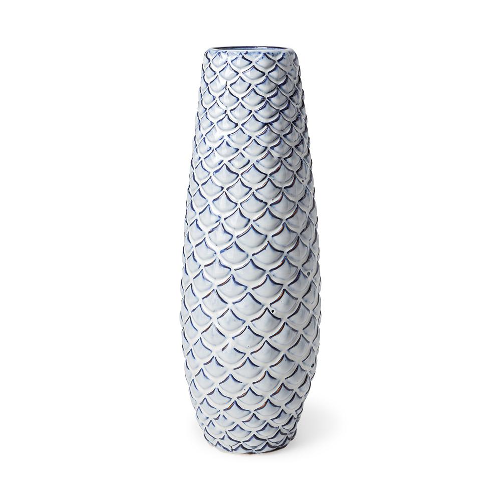 16" Aqua Blue Glaze Fishscale Pattern Ceramic Vase Blue. Picture 1