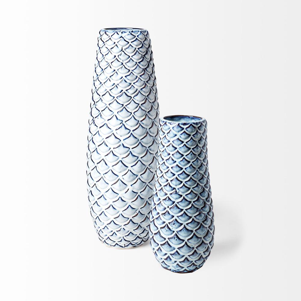 16" Aqua Blue Glaze Fishscale Pattern Ceramic Vase Blue. Picture 2