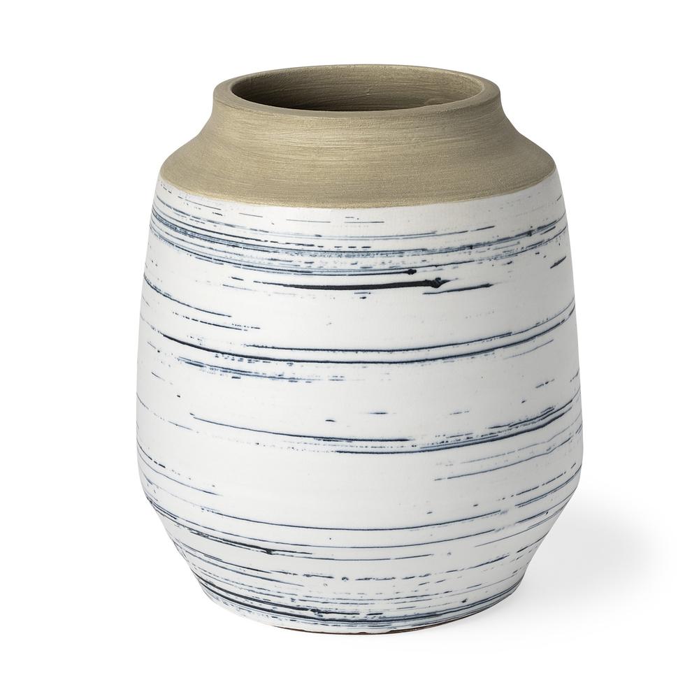 10" Blue White and Sand Coastal Ceramic Vase White Blue. Picture 1