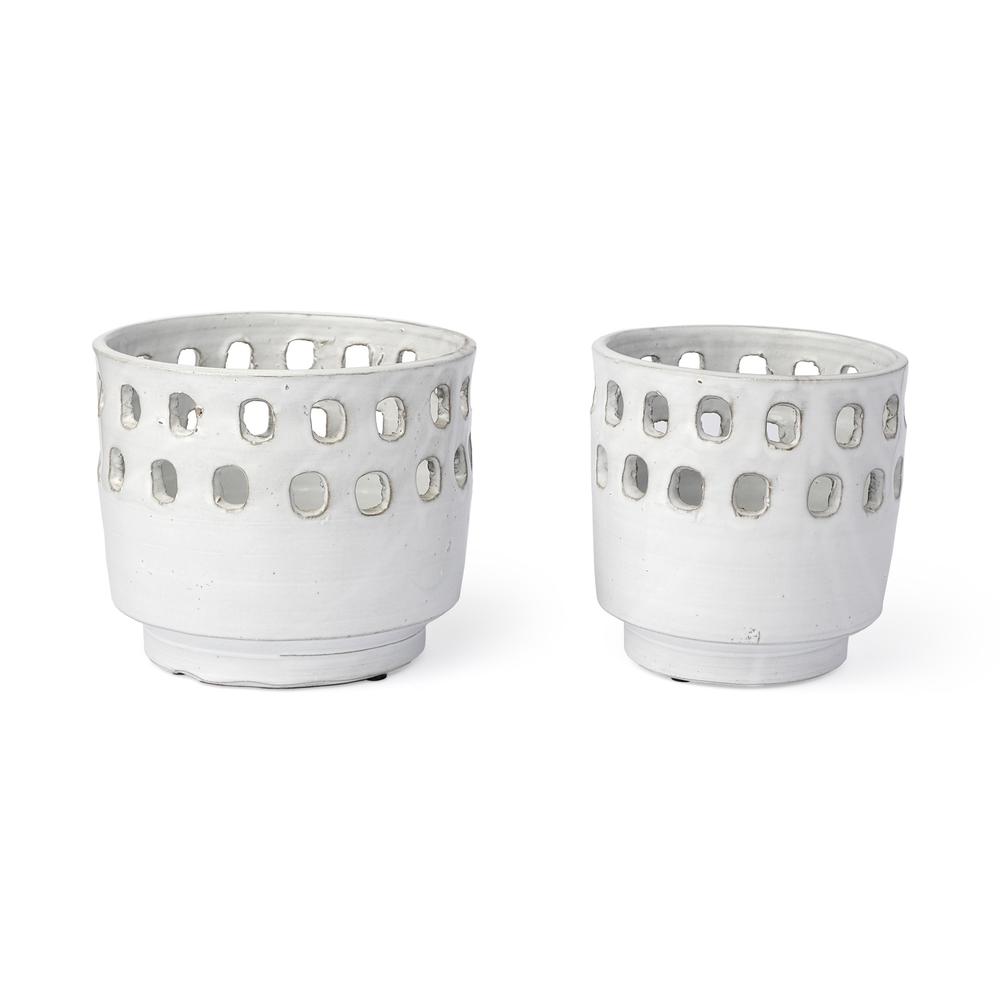 Set of Two White Ceramic Vases with Hollow Details White. Picture 1