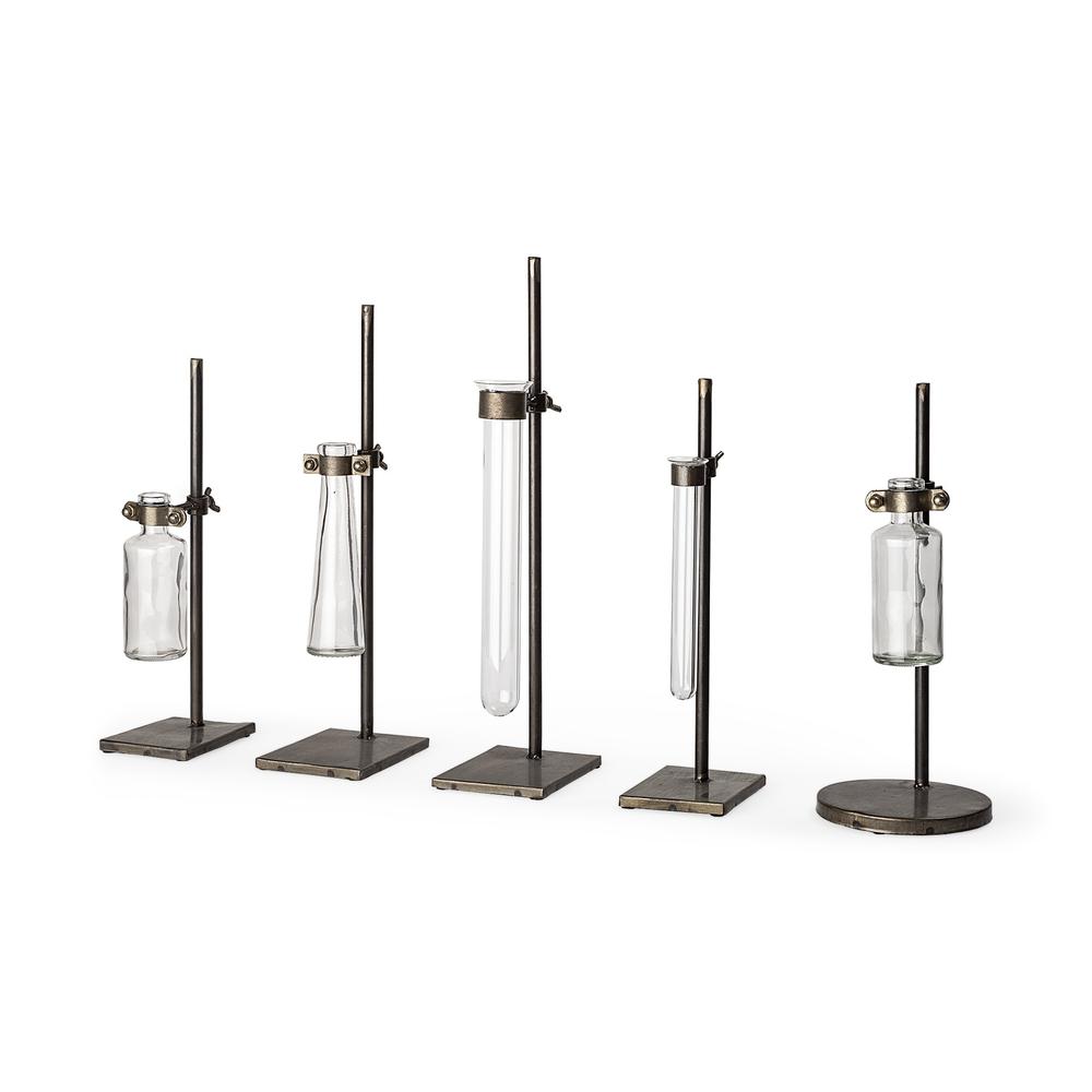 Set of Five Test Tube Vases with Metal Bases Dark Brown. Picture 1