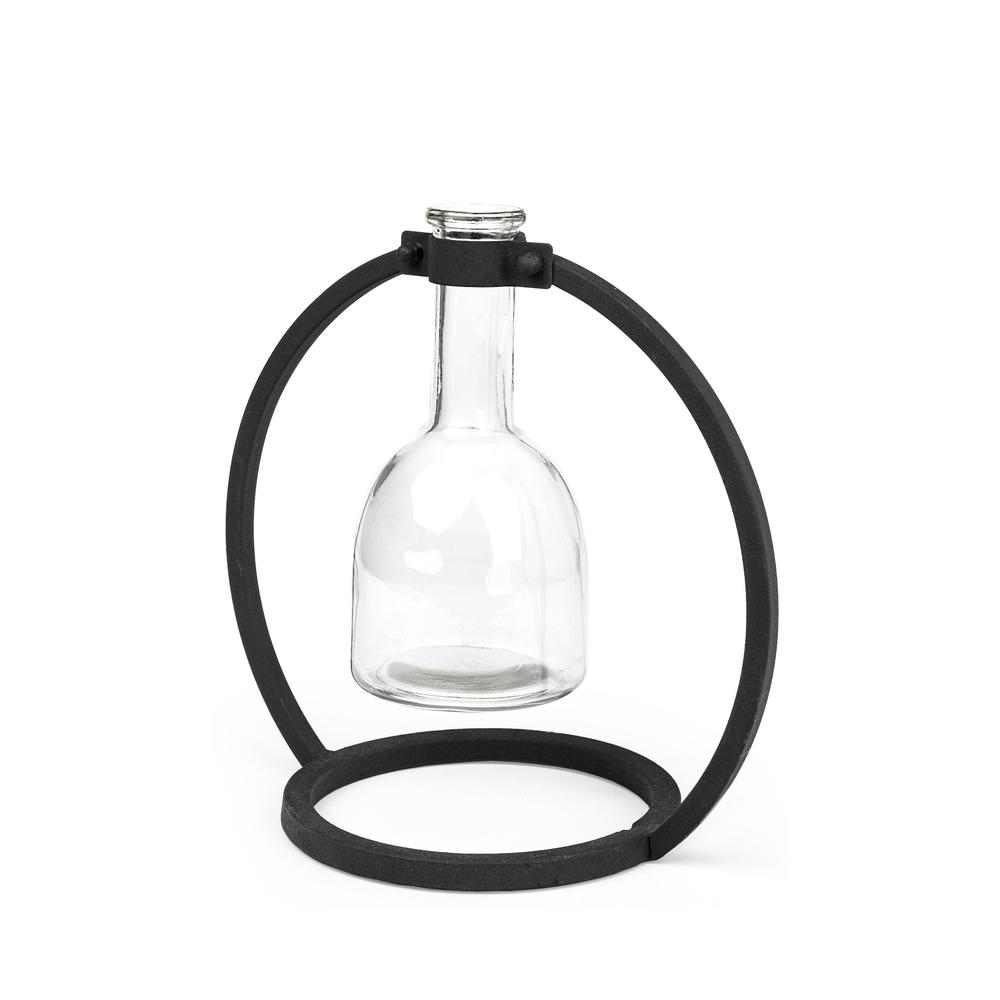 Modern Industrial Black Round Metal and Glass Vase Black. Picture 1