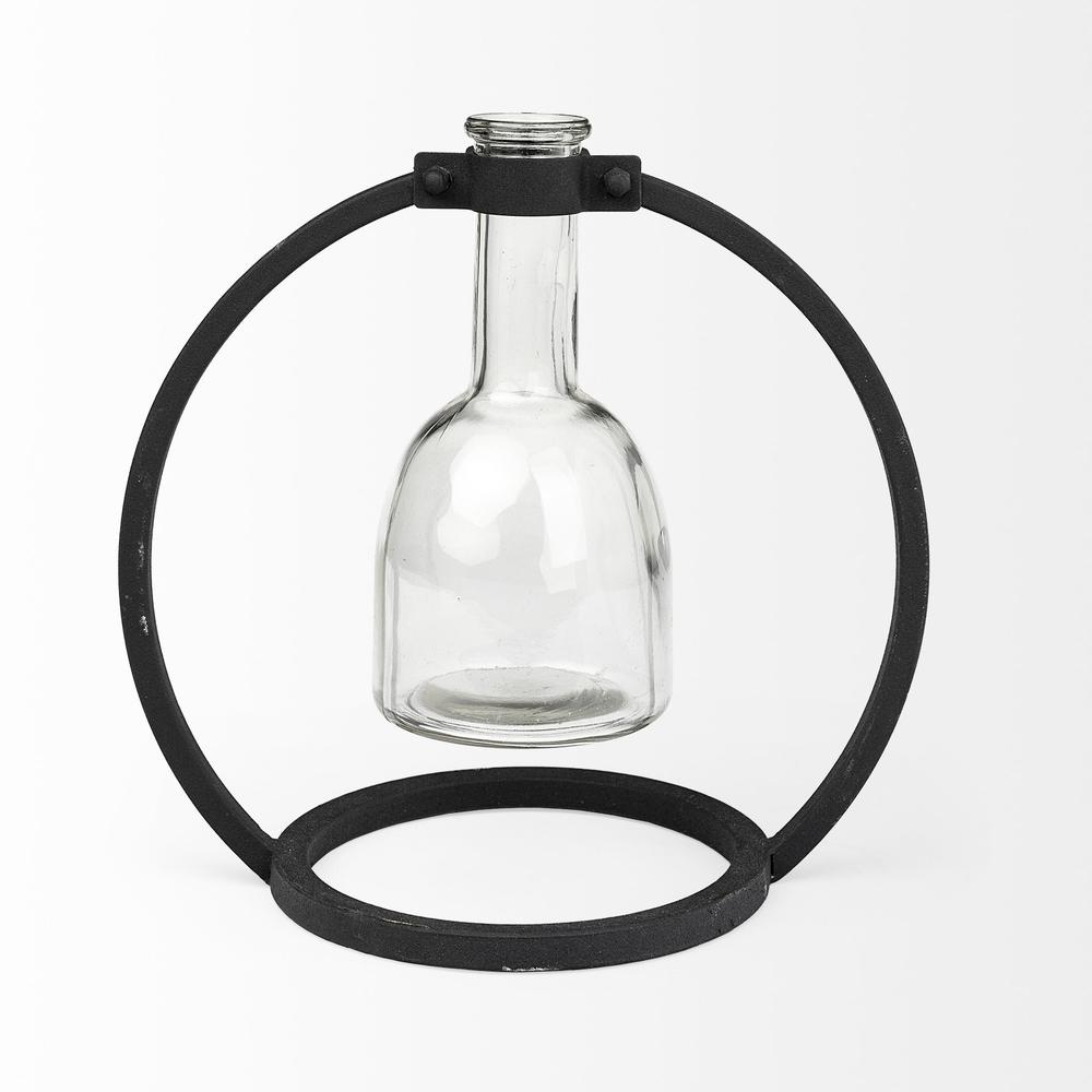 Modern Industrial Black Round Metal and Glass Vase Black. Picture 2