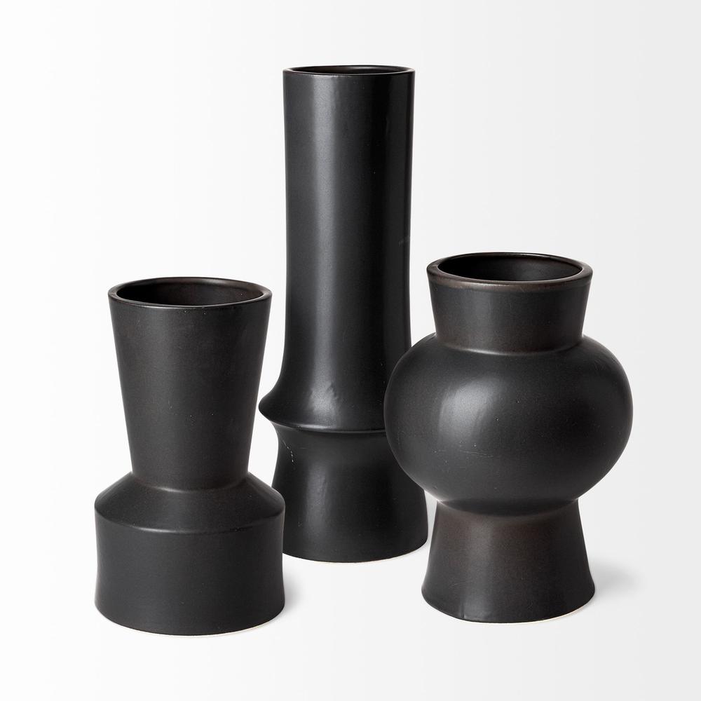 17" Matte Black Contempo Deco Ceramic Vase Black. Picture 2