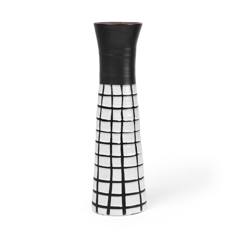 17" Black and White Modern Grid Ceramic Vase White. Picture 1
