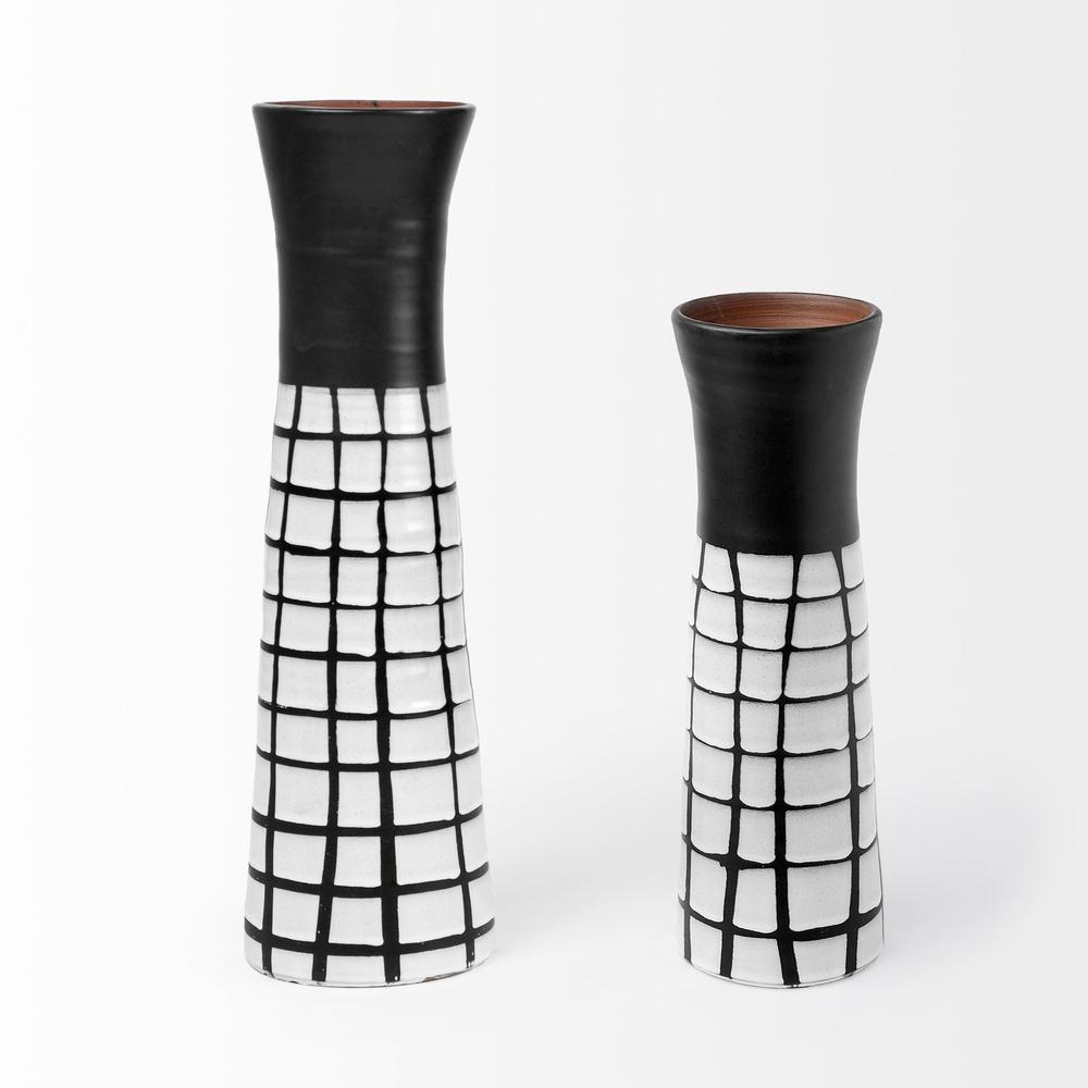 17" Black and White Modern Grid Ceramic Vase White. Picture 2