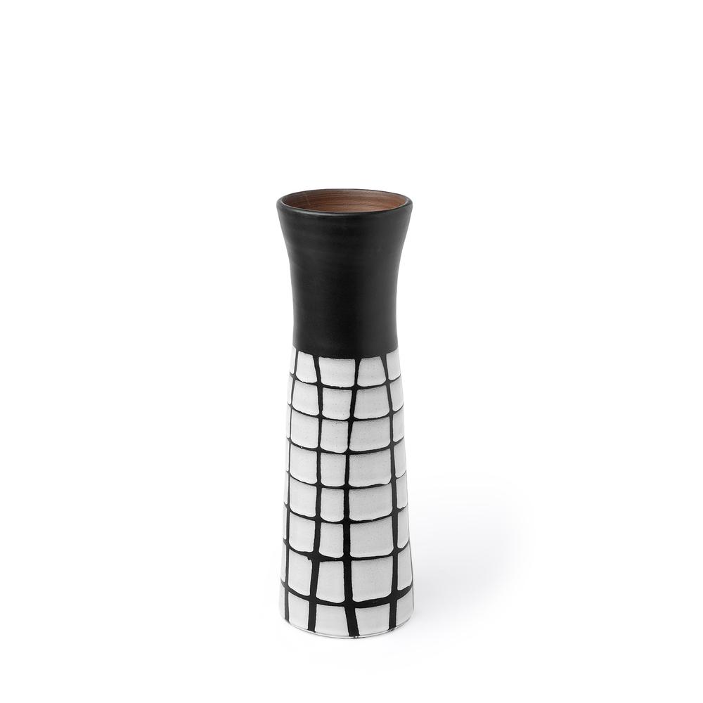 24" Black and White Modern Grid Ceramic Vase White. Picture 1